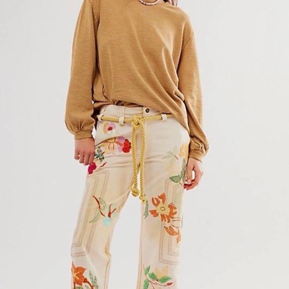 We The Free Denim - Free People Floral Embroidery Belt Waist Cropped Pants. SOLD OUT COLOR SZ 8